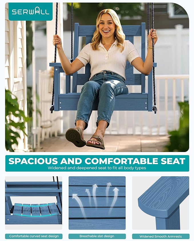 SERWALL HDPE Single Porch Swing Set of 2, Heavy Duty Single Person Swing Chair with 2 Polypropylene Hanging Ropes, Adirondack Hanging Chair for Outdoor Front Porch Patio Garden Yard, Blue