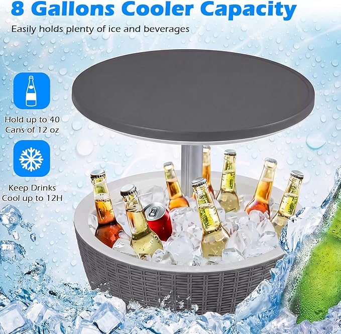Tangkula Outdoor Cool Bar Table, Rattan Patio 8 Gallon Beer & Wine Cooler, All-Weather Ice Bucket w/Height Adjustable Top, Drainage Plug, 3-in-1 Cocktail Bar Table for Party, Barbecue, Picnic (Grey)