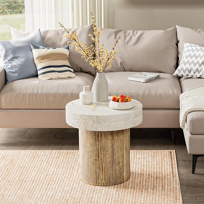 COSIEST Outdoor Medium Side Table, Patio Coffee Table, 19.7 inches Round MgO End Patio Stool with Faux Wooden Pedestal Base, Garden, Backyard, Antique Beige