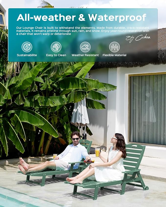 Outdoor Lounge Chair Set of 4, All Weather Patio Chaise Lounge Chair for Outside, HDPE Chair with Rolling Wheels & Cup Holder, 5 Position, Deck, Pool, Green