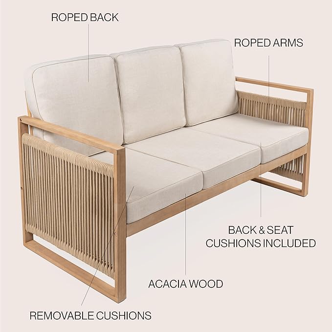 JONATHAN Y SFB1002A Gable 3-Seat Mid-Century Modern Roped Acacia Wood Outdoor Sofa with Cushions Scandinavian, Classic, Transitional, Industrial for Backyard, Patio, Porch, Beige/Light Teak
