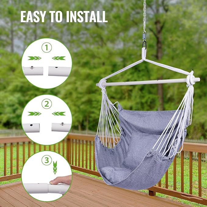 Backyard Expressions Hanging Hammock Chair Swing with Cushions & Hanging Kit – 500 lb Capacity, Cotton Blend Fabric, for Indoor/Outdoor Use – Includes Chain, Hooks & Spring – 5 Colors (Grey)