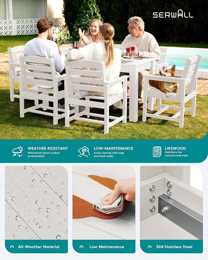 SERWALL Patio Dining Sets for 8, Outdoor Dining Sets for 8 Person with 2 Umbrella Hole Cut-Out Rectangular Tables and 8 Chairs, HDPE Dining Sets for Garden, Backyard, Poolside, White