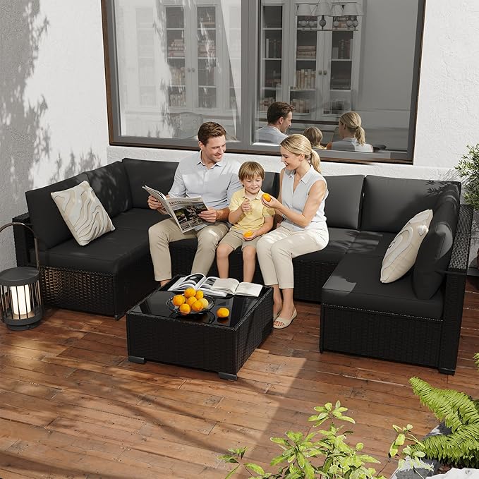 KIGOTY Patio Furniture Set,7 Pieces Modular Outdoor Sectional Sofa, PE Rattan Patio Conversation Set, All Weather Wicker Patio Furniture with Cushions and Coffee Table（Black/Black）