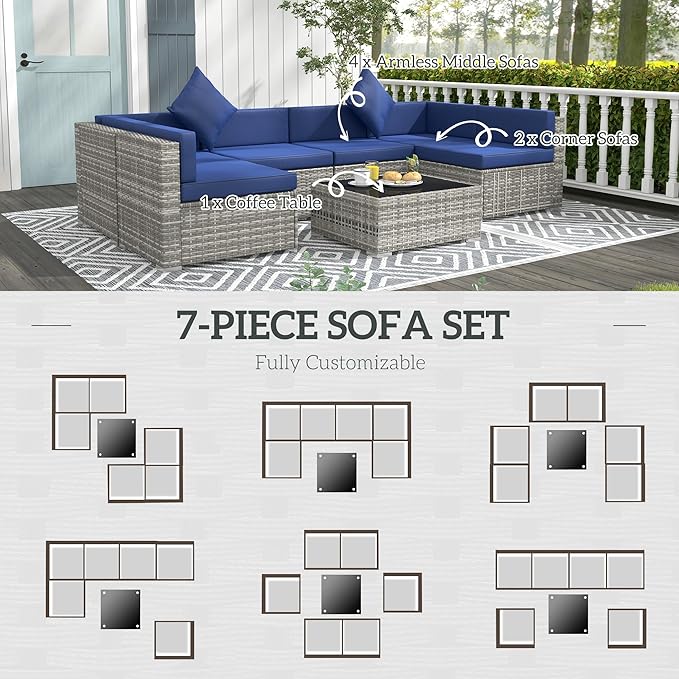 Outsunny 7 Piece Patio Furniture Set, Wicker Outdoor Sectional Sofa Set, All Weather PE Rattan Outdoor Furniture Conversation Sets with Cushions, Glass Top Coffee Table, Pillows, Blue