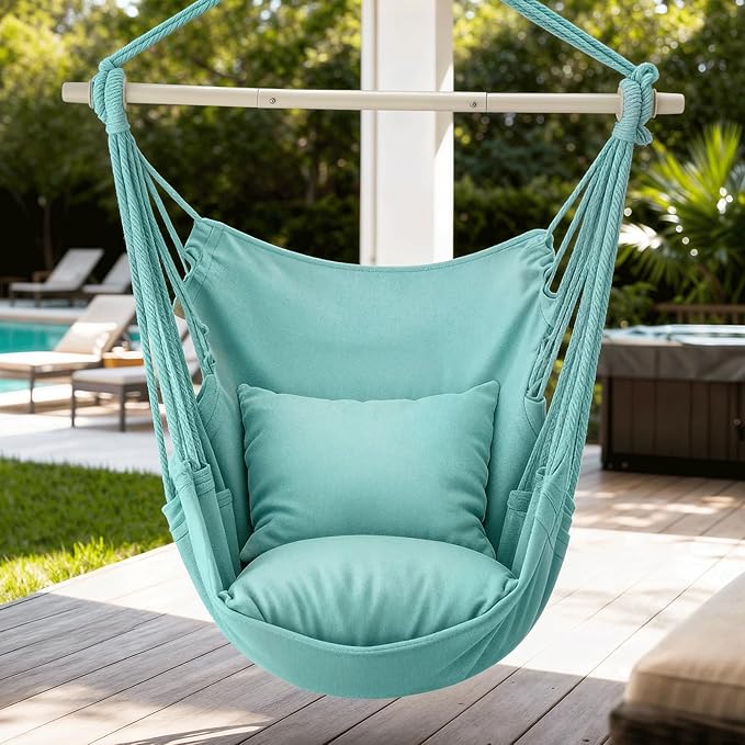 MoNiBloom Hammock Chair Hanging Rope Swing w/2 Cushions, Boho Macrame Hanging Chair Max 350 lbs Capacity w Pocket, Hardware Kit Included, Green