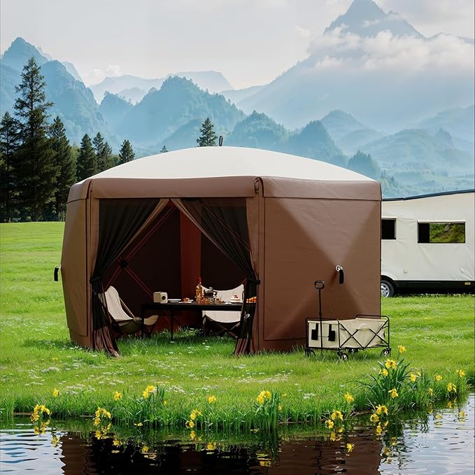 11.5x11.5FT 6-Sided Pop Up Gazebo Tent，One-Push Setup Canopy Tent with Mesh Panels & Removable Wind Cloths, Outdoor shelter for Camping, Backyard Parties, Outdoor Events - Beige & Khaki