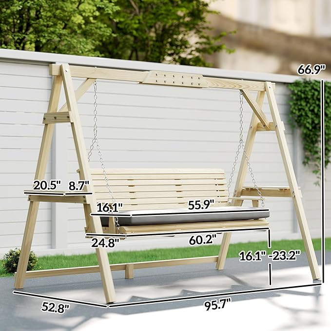 Outsunny 3 Seat Porch Swing with Stand, Wooden Patio Swing Chair with Cushion, Side Trays and Metal Chains, Outdoor Bench for Garden, Poolside, Backyard, Natural Wood