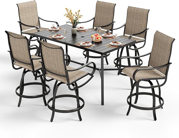 PHI VILLA 7 Piece Outdoor Bar Set, Counter Height Patio Bar Furniture Rectangle Dining Table and 6 Swivel Bar Stools Chairs with Brown Textilene Fabric for Garden,Yard and Deck