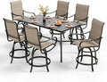 PHI VILLA 7 Piece Outdoor Bar Set, Counter Height Patio Bar Furniture Rectangle Dining Table and 6 Swivel Bar Stools Chairs with Brown Textilene Fabric for Garden,Yard and Deck
