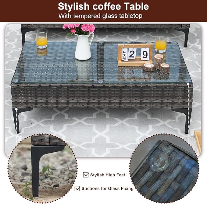 4-Piece Patio Furniture Set,Outdoor Wicker Patio Conversation Set with Tempered Glass Table,All-Weather Rattan Sectional Loveseat&Chairs with Thick Cushions for Garden,Deck,Backyard-Grey