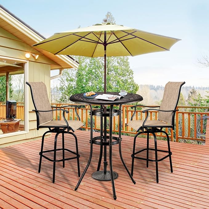 VINGLI Outdoor Bar Table, Cast Aluminum Bar Height Patio Table with Umbrella Hole, Patio Dining Table Tall Bistro Table Outdoor Furniture for Garden Porch Yard and Balcony 32" Dia x 41 H (Bronze)…