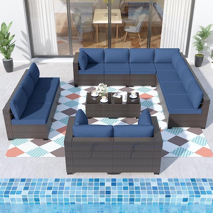 ALAULM Patio Furniture Set with Coffee Table, 14 Pieces Outdoor Sectional with Wide Seat and Thick Cushion, All Weather Wicker Rattan Conversation Set for Backyard, Garden, Deck, NavyBlue