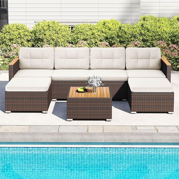 Tangkula 7 Pieces U Shape Outdoor Furniture Set, Patio Rattan Cushioned Chairs & Coffee Table Set, Outdoor Sectional Conversation Sofa with Wood Armrests & Tabletop for Backyard, Porch, Balcony