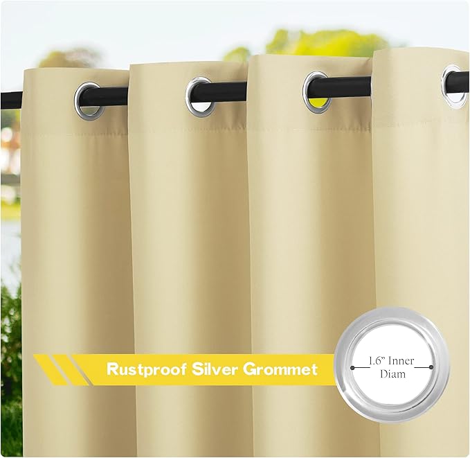NICETOWN Extra Wide Outdoor Curtains for Patio Waterproof 2 Panels, Beige Rustproof Grommet Thick & Weighted Indoor Outdoor Curtains for Yard/Gazebo, W100 x L84 Inch