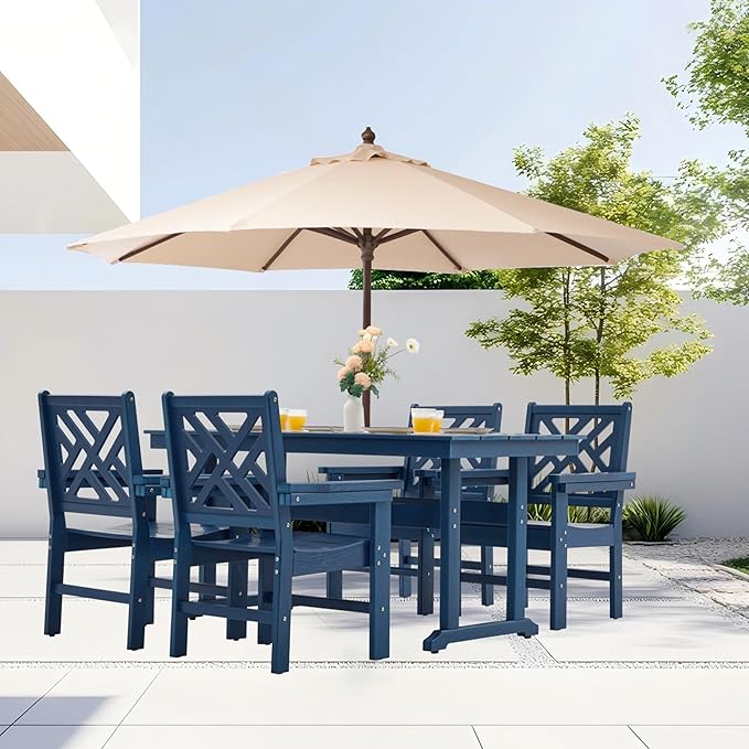 HDPE Dining Table Set for 4,5-Piece Outdoor Table and Chairs Include 4 Dining Chairs and 62.5" Patio Dining Table with Umbrella Hole (Blue)