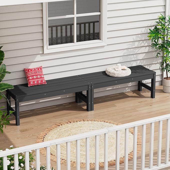 SERWALL 47 Inches Outdoor Bench Set of 2, All Weather HDPE Backless Bench with Wood Grain Texture for Garden Porch and Park, Curved Bench Seat for Comfort, Black