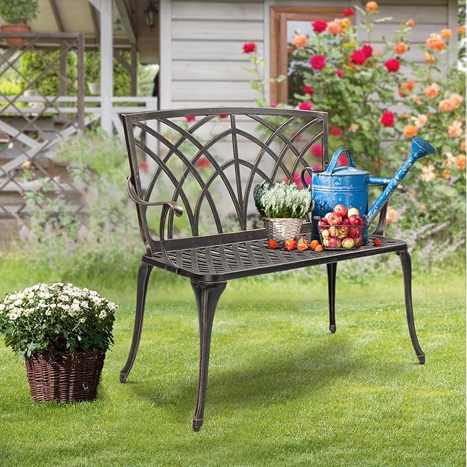 VINGLI 38" Outdoor Metal Bench, Cast Aluminium Garden Bench, Weatherproof Antique Finish Orchid Chair, 1-2 Person Seat Deck Furniture for Porch Entryway Patio (Brown)