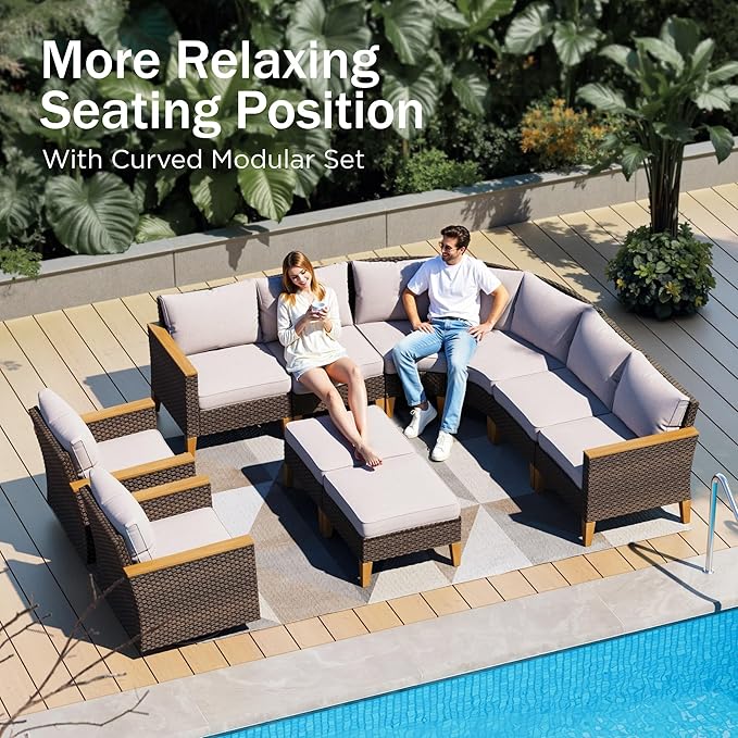 PHI VILLA 2 Pieces Patio Ottoman, All Weather Rattan Wicker Ottoman Seat, Outdoor Footstool Footrest Seat with Cushions, Beige
