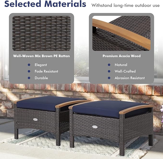 Tangkula 2 Piece Patio Rattan Ottomans, Outdoor Wicker Footstool w/Acacia Wood Handles, Soft Zippered Cushions, 3-in-1 Function Footstool Seat & Side Table for Backyard, Balcony, Poolside (Navy)