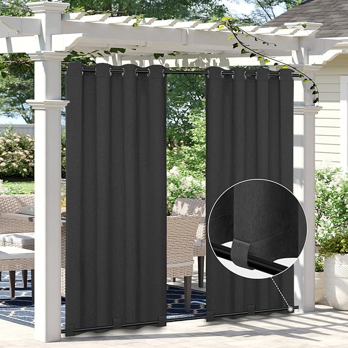 Easy-Going Linen Look Outdoor Curtains Waterproof Windproof Porch Curtains, Soft Thicken Outdoor Privacy Curtains for Patio, Gazebo, Grommet Top and Tab Bottom Drape, 1 Panel, 54x108 inch, Black