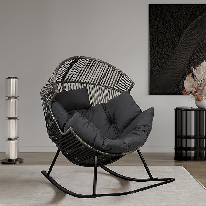 Shintenchi Wicker Egg Chair,Oversized Outdoor Indoor Rocking Chair,Large PE Rattan Rocking Chair with Cushion for Patio, Balcony, Backyard, Garden,Deep Grey
