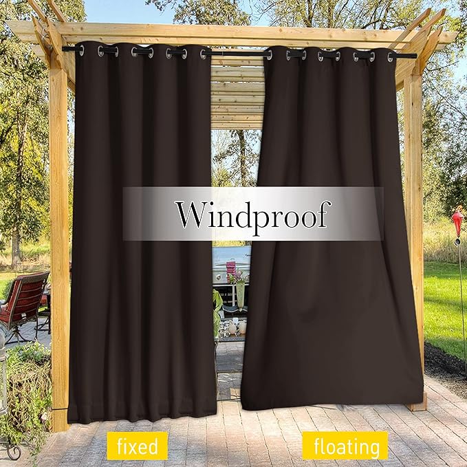 NICETOWN 2 Panels Outdoor Curtains for Patio Extra Wide 84", Waterproof & Windproof Grommet & Back Tab Fixed Top and Bottom Thermal Insulated Drapes with Rope for Gazebo, Toffee Brown, W84 x L95
