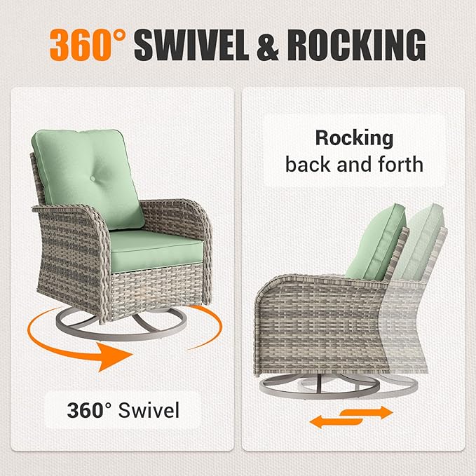 15-Piece Outdoor Patio Furniture Set with Rocking Swivel Chair Wicker Sectional Sofa Set, Patio Conversation Set with Thickened Cushions & Coffee Table for Garden, Backyard, Light Green