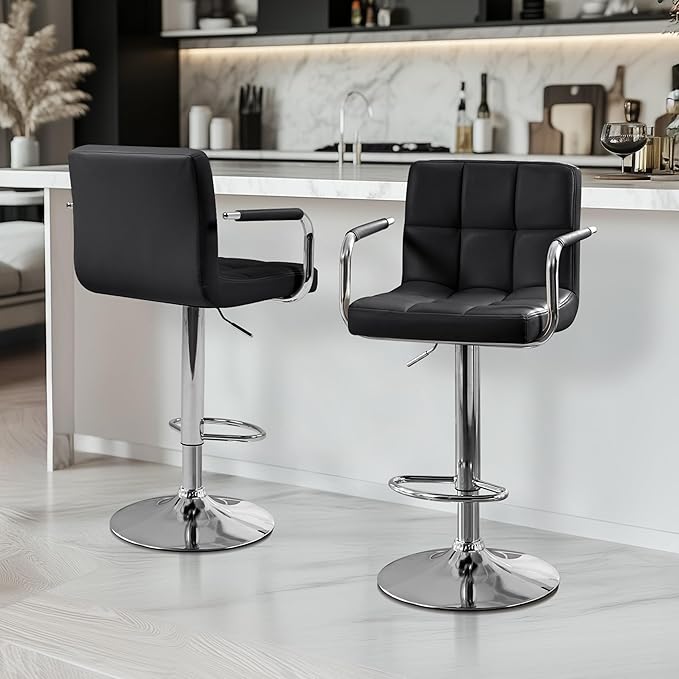 Yaheetech Bar Stools, PU Leather Adjustable Swivel Barstools, Hydraulic Kitchen Counter Height Bar Chairs with Armrest and Back for Kitchen, Dining Room, Black