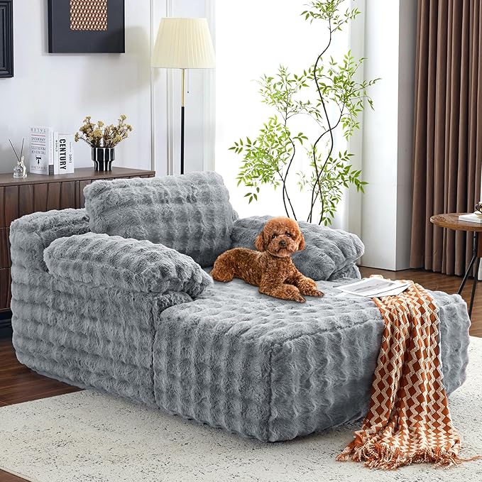 VINGLI 67.7" Oversized Chaise Lounge Chair Indoor Reading Chairs Comfy Bubble Fleece Upholstered Boneless Sofa Bed Sleeper Sofa Cloud Couches for Living Room, Bedroom, Play Room (Light Grey)