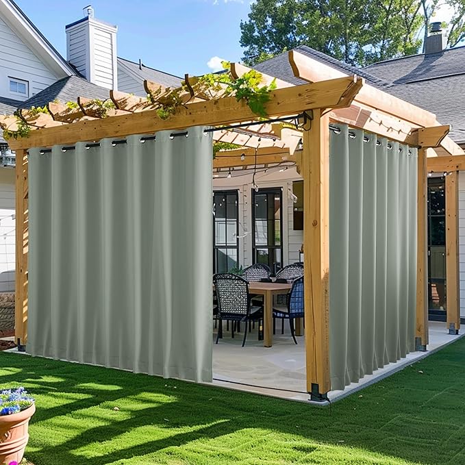NICETOWN 2 Panels Outdoor Curtains for Patio Waterproof & Windproof, Extra Wide Grommet & Back Tab on Top & Bottom Thermal Insulated Sun Blocking Drapes with Rope for Gazebo, Sage Green, W100 x L84