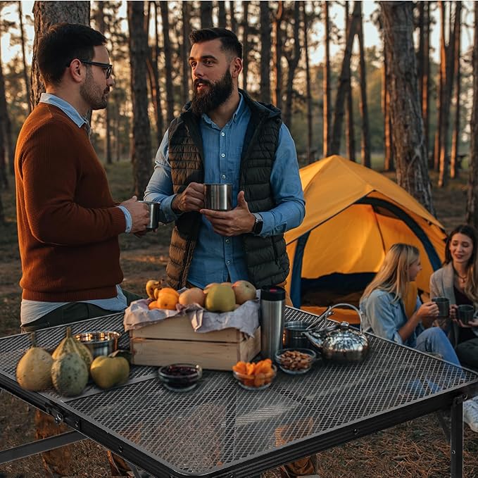 Square Folding Card Table with Adjustable Height (12" & 26"), Black Portable Metal Mesh Table for Camping, BBQ, Picnic, Game, Patio & Indoor Use, Fits 2–4 People, Lightweight 7.6 lb, Supports 66 lb