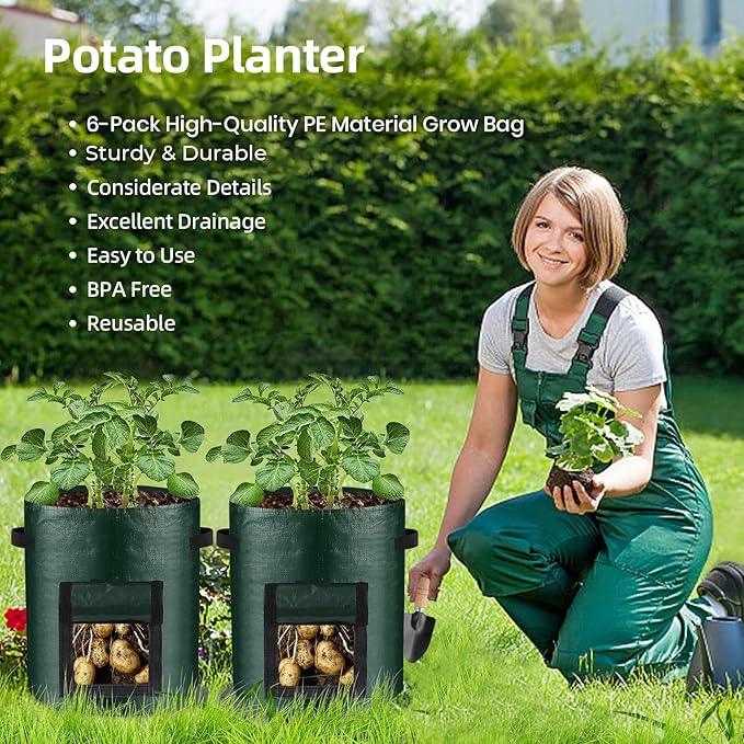 6 Pack Potato Grow Bags, 10 Gallon Planting Bags Durable PE Vegetable Planter with Flap and Handles Large Garden Pot Tall Potato Growing Containers for Vegetables, Fruits and More