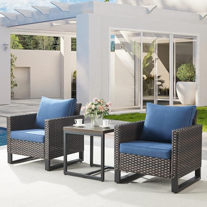 Belord Outdoor Bistro Set 3 Piece Outdoor Wicker Patio Chairs, Oversize Outdoor Rattan Seating Set, All-Weather Chairs Wicker Furniture with Metal Side Table and Removable Cushion for Outside