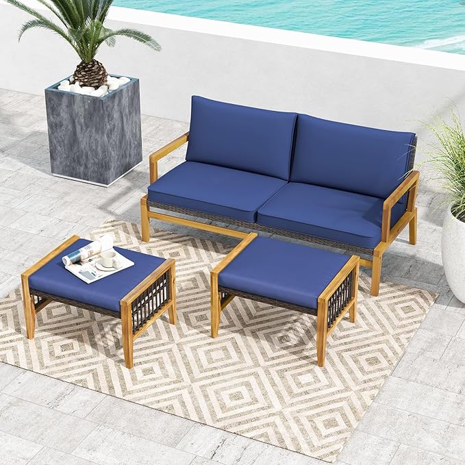 Tangkula Set of 2 Outdoor Ottomans, Patio Acacia Wood Ottomans with Cushions, Versatile Rattan Woven Footstools, Wicker Footrest Extra Seating for Backyard, Poolside, Porch