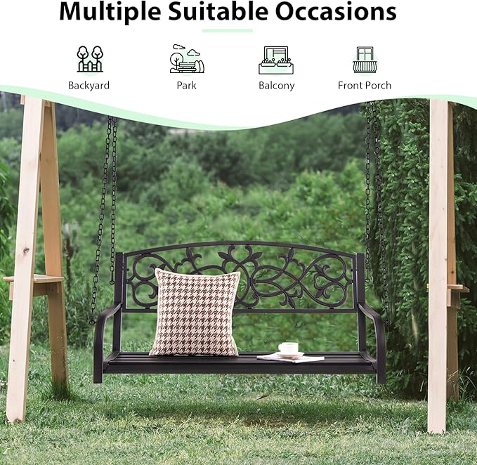 Giantex Patio Metal Porch Swing, 2-Person Hanging Porch Swing Bench with Sturdy Chains & Retro Pattern Backrest, 485 Lbs Weight Capacity Loveseat for Garden, Yard, Front, Outdoor Swing Chairs (Brown)
