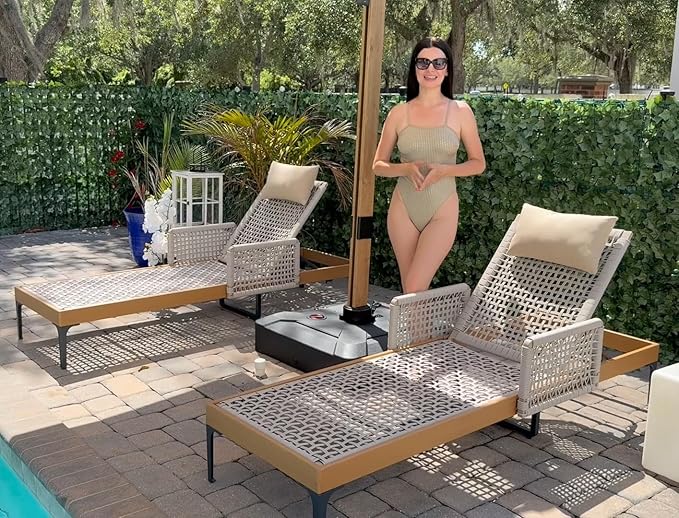 PURPLE LEAF 2 Pieces Outdoor Chaise Lounge Set Rattan Wicker Lounger with Arms Poolside Furniture Adjustable Recliners Patio Lounge Chairs for Beach Yard Garden Balcony,Teak
