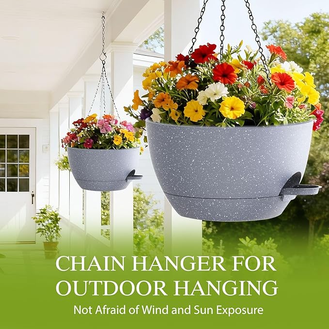 12 Inch Hanging Baskets 2 PC with Chains, Self-Watering Hanging Planters for Indoor Outdoor Plants, Plastic Hanging Flower Pots,Speckled Grey