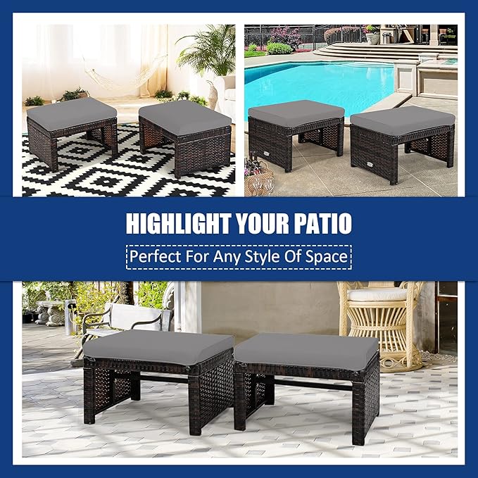 Tangkula 2 Pieces Patio Rattan Ottomans, All Weather Outdoor Footstool Footrest Seat with Soft Cushion, Hidden Zipper, High-Density Sponge, Wicker Ottoman Seat for Patio, Garden, Poolside