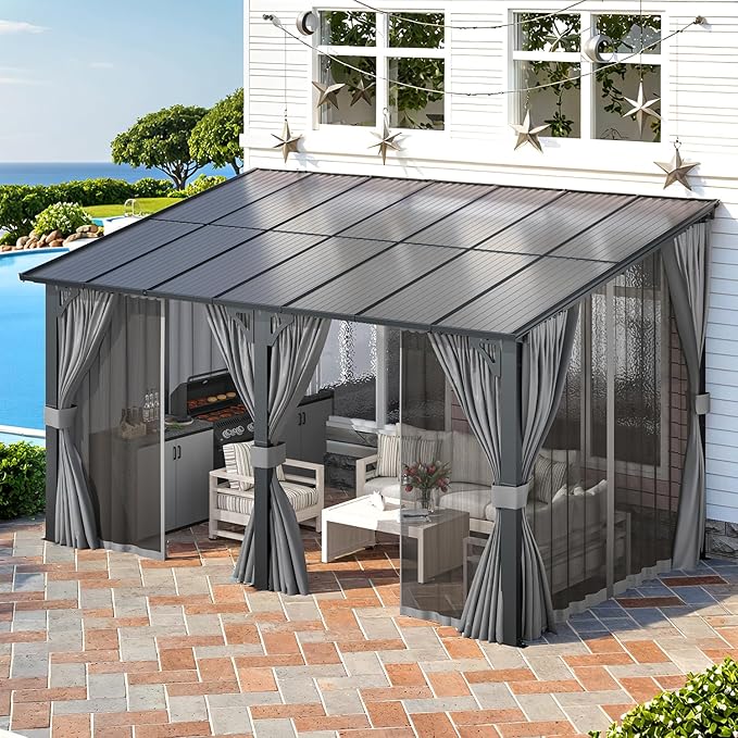 AECOJOY 14' x 8' Gazebo Outdoor Pergola, Hard Top Lean to 8x14 Gazebo with Curtains and Netting, Pergolas and Gazebos Clearance with Patio Roof, Large Wall-Mounted Heavy Duty Awnings for Patio, Decks