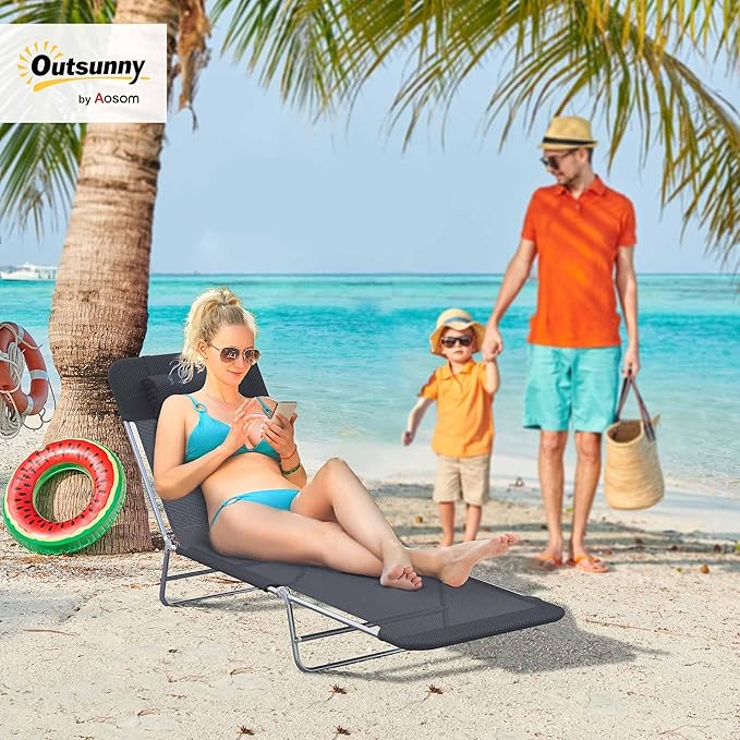 Outsunny Folding Chaise Lounge Pool Chairs, Outdoor Sun Tanning Chairs with Pillow, Reclining Back, Steel Frame & Breathable Mesh for Beach, Yard, Patio, Black