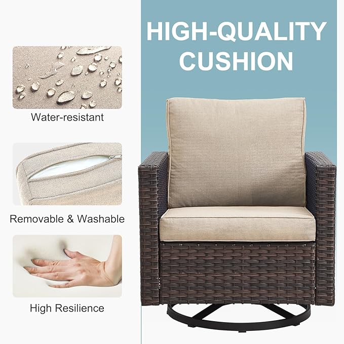 Belord 5 Pieces Wicker Patio Furniture Set: 4 Outdoor Swivel Glider Rocker Patio Conversation Set with 50000BTU Propane Fire Pit Table, All Weather Grey Rattan Anti-Rust Frame, Beige Cushion