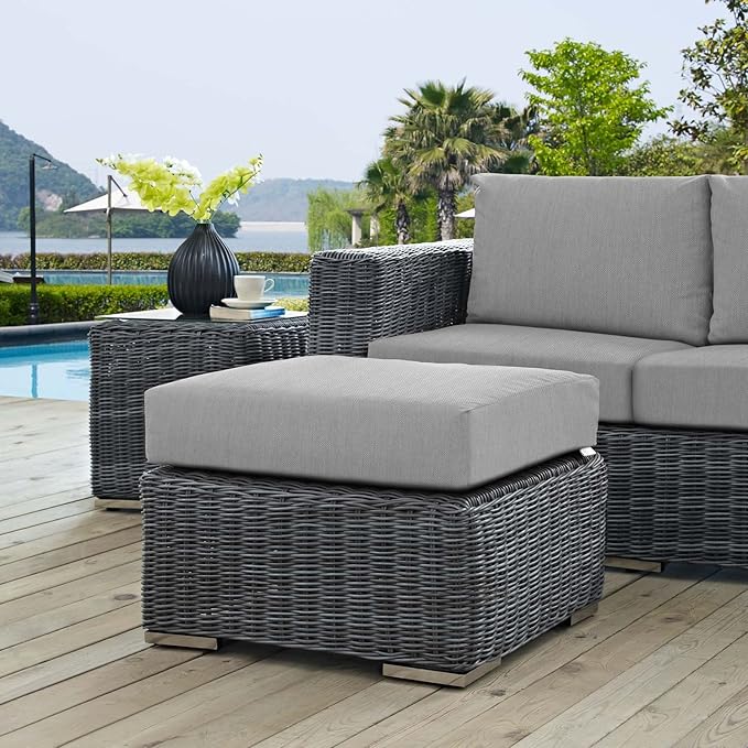 Modway Summon Wicker Rattan Outdoor Patio Sunbrella Square Ottoman in Canvas Gray