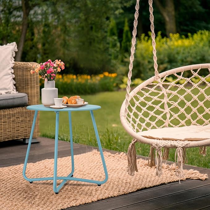 danpinera Outdoor Side Tables with Flower Cut Outs, Weather Resistant Steel Patio Side Table, Small Round Outdoor End Table Metal Side Table for Patio Yard Balcony Garden Blue