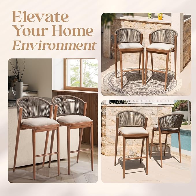 IDZO 400lbs Capacity Modern Rope Bar Stools Set of 2, 28 Inches Bar Height Stools with Comfortable Cushions, Aluminum Base and Ergonomic Curved Backrest, Easy Assembly for Indoor and Outdoor Use