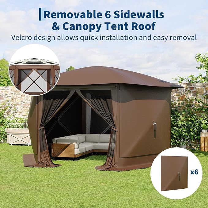 11.5x11.5FT 6-Sided Pop Up Gazebo Tent，One-Push Setup Canopy Tent with Mesh Panels & Removable Wind Cloths, Outdoor shelter for Camping, Backyard Parties, Outdoor Events - Beige & Khaki