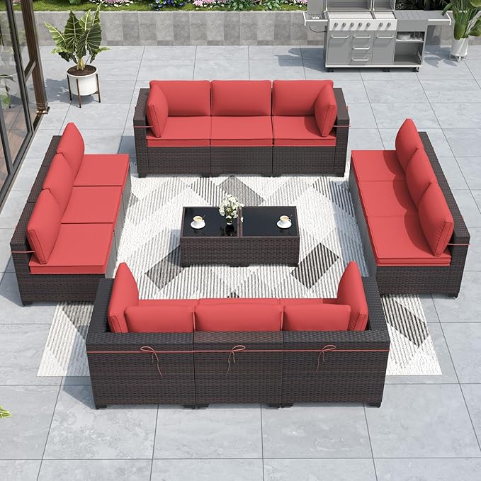 ALAULM Patio Furniture Set with Coffee Table, 14 Pieces Outdoor Sectional with Wide Seat and Thick Cushion, All Weather Wicker Rattan Conversation Set for Backyard, Garden, Deck, Red