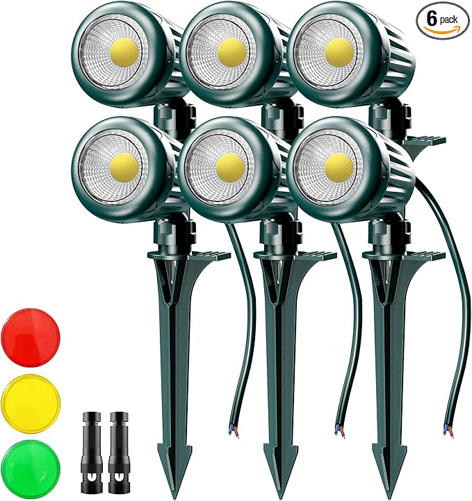 12V24V Low Voltage Landscape Lights Outdoor,6000K White LED Landscape Lights with 3 Color Lenses (Red,Yellow,Green),IP67 Waterproof Outdoor Spot Lights for Garden Passage Wall Tree Fence,6 Pack