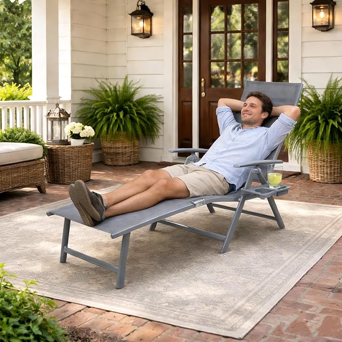 Kozyard Aluminum Outdoor Chaise Lounge Chair, Adjustable Reclining Patio Lounge with Drink Holder, Weather-Resistant Pool, Deck & Yard Recliner,Assemble-Free (Gray, 2Chairs)