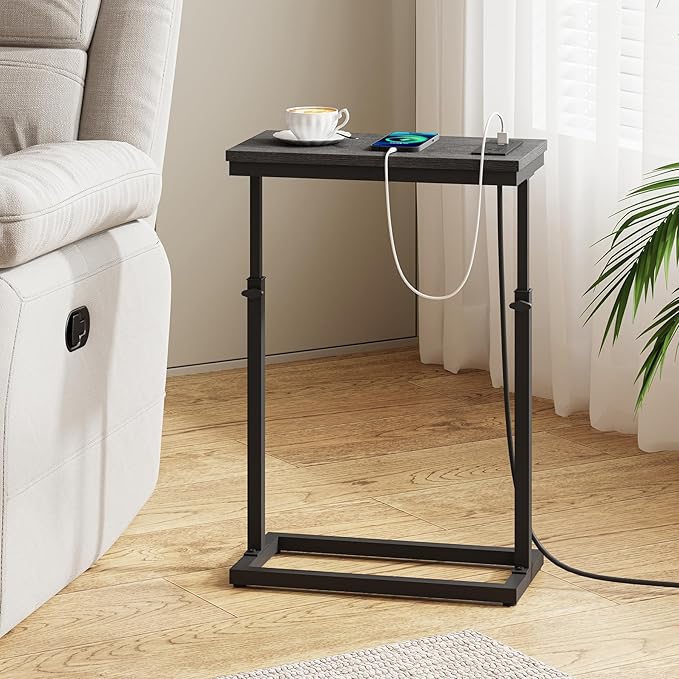 TUTOTAK End Table with Charging Station, Side Table, Tall Couch Table, Sofa Table, Living Room, Bedroom,Black TB01BK084